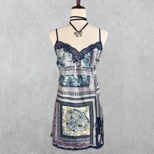 Victoria’s Secret Navy Blue Lace Satin Paisley Print Slip Dress Boho